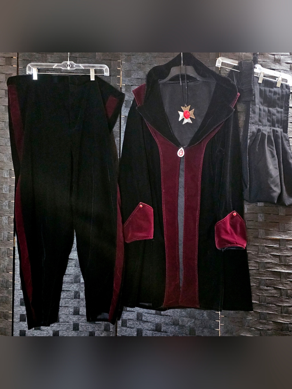 Dracula Black and Burgundy Velvet Coat with Matching Pants